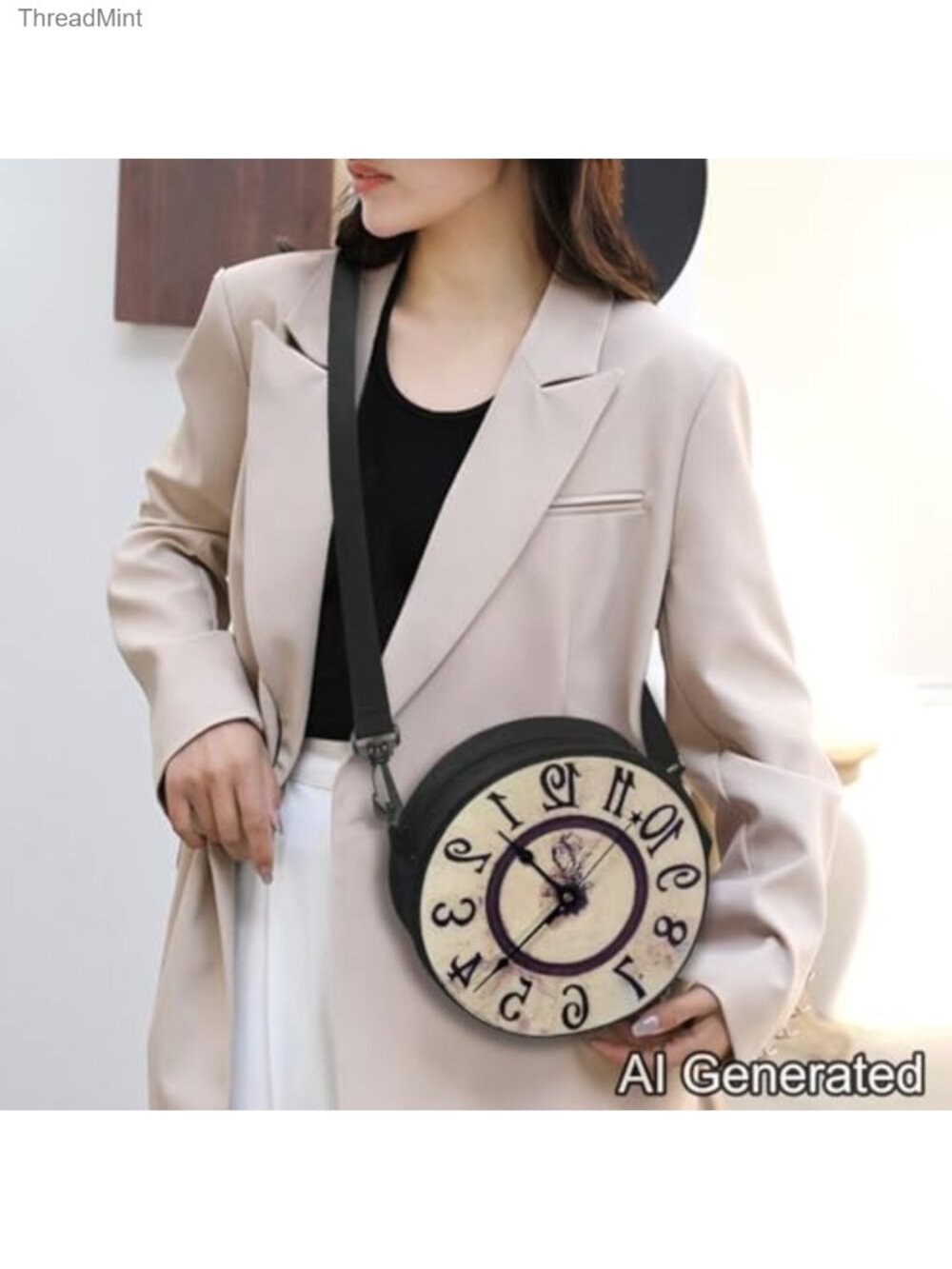 Novelty Clock Shape Zippered Shoulder Bag - Adjustable Crossbody Handbag